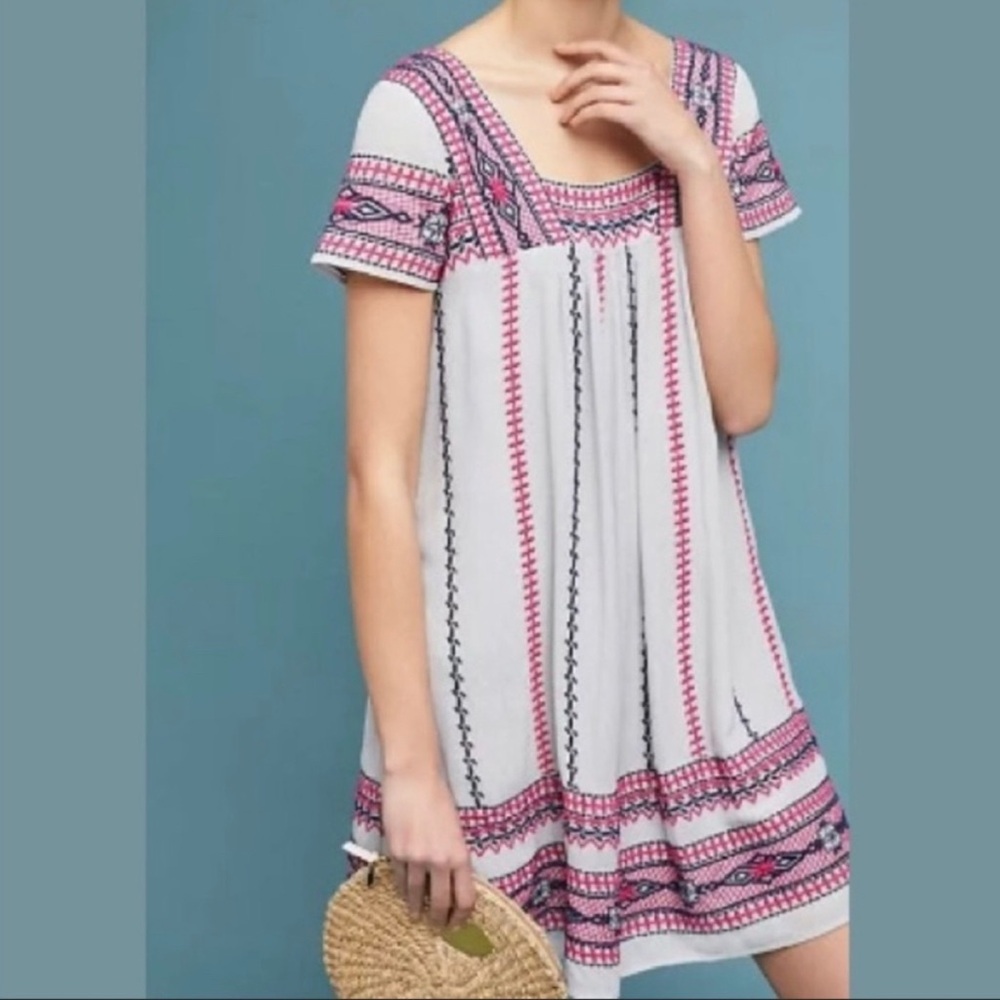 Maeve Anthropologie Ruidoso Embroidered Mexican Style Boho Babydoll Dress Sz LG